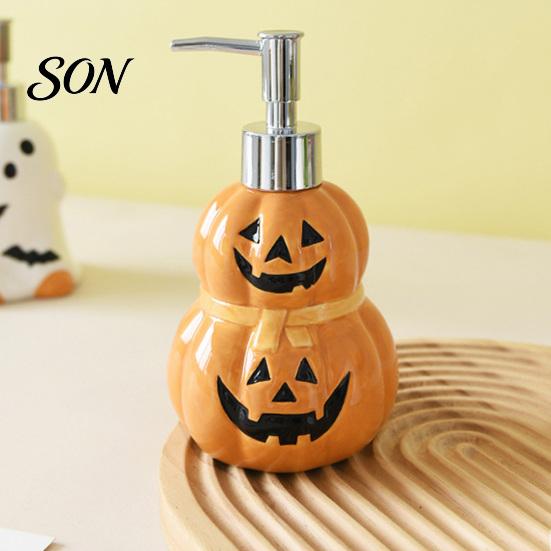 Ceramic Soap Pump Bottle Halloween Ghost Dispenser, with Stainless Steel Pump, Pumpkin Refillable Holiday Theme Dispenser Liquid Hand Container, Empty