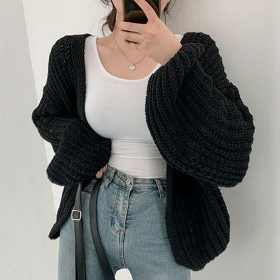 Korean Chic V-neck Loose Lantern Sleeve Cardigan Sweater