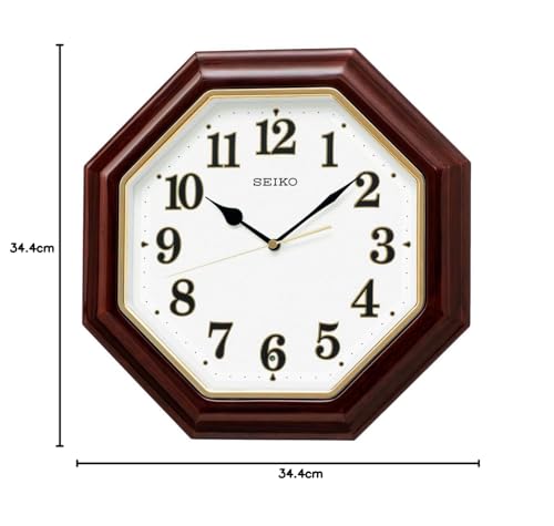 Seiko Clock KX251B, Radio-Controlled Analog Wall Clock, Octagonal, Wooden Frame, Dark Brown Glossy Wood, 34.4 x 34.4 x 4.8cm Diameter