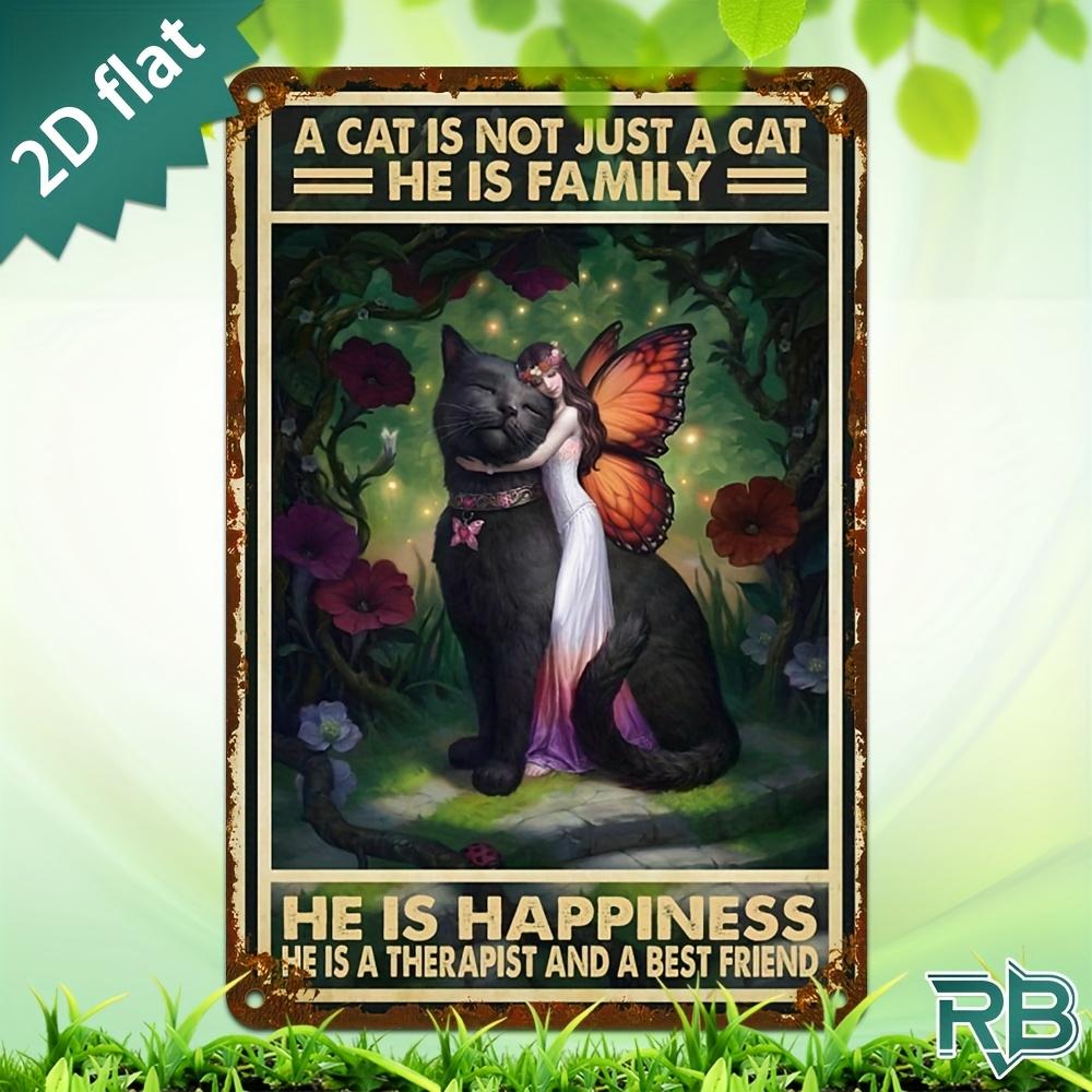 New Trendy HD Metal Wall Art Vintage Retro A Cat Is Not Just A Cat He Is Family Fantasy Art with Fairy Embracing Black Cat i 20x30cm(7.8x11.8inch)