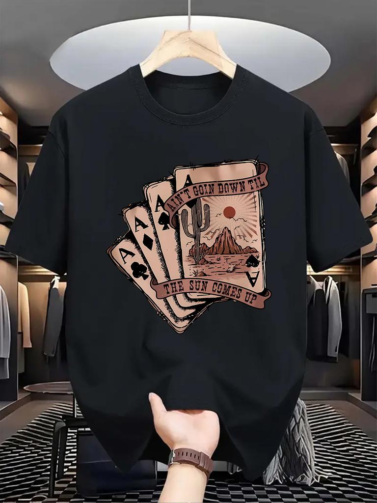 Men'S Casual Crew Neck T-Shirt with Playing Card Graphic,  Knit Fabric, Slight Stretch, Regular Fit, Summer Top for Daily Wear
