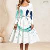 Womens Plus Size Square Neck Long Sleeve Abstract Botanical Printed Belted A Line Dress