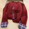 Korean-Style Patchwork Plaid Sweater Cardigan, Round Neck, Loose Casual Fit, Autumn/Winter 2024