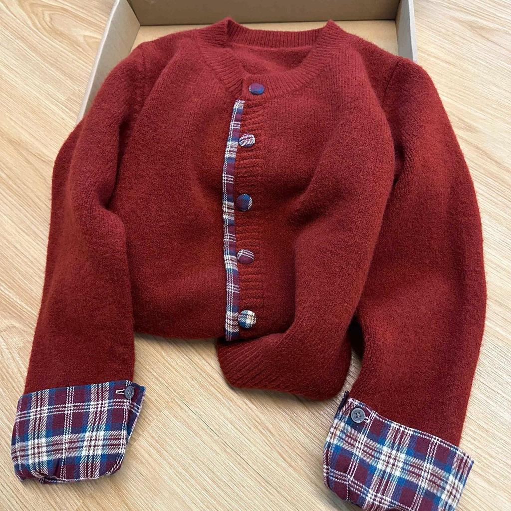 Korean-Style Patchwork Plaid Sweater Cardigan, Round Neck, Loose Casual Fit, Autumn/Winter 2024