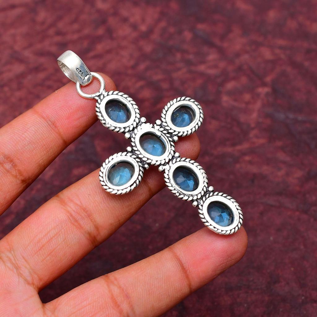 Blue Topaz Gemstone Cross Shape Pendant : 925 Sterling Silver Handmade Jewelry Pendant