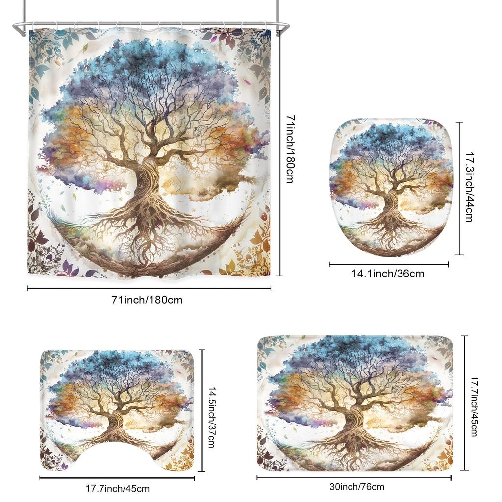 1/4pcs Tree of Life Shower Curtain Set Mystical Boho Watercolor Plant Bathroom Decor Waterproof Fabric Curtain Non Slip Mat and Toilet Cover Set