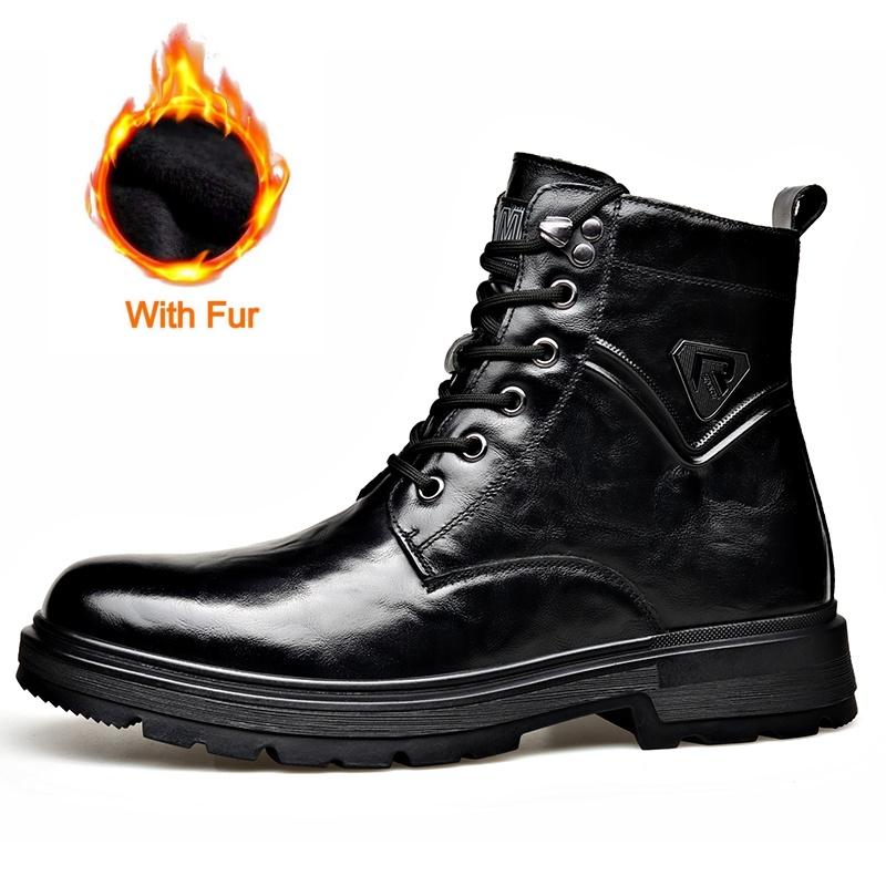 British Style Mens Winter Platform Snow Boots Fashion Genuine Leather Outdoor Antiskid Walking Ankle Boots Mens High Top Boots
