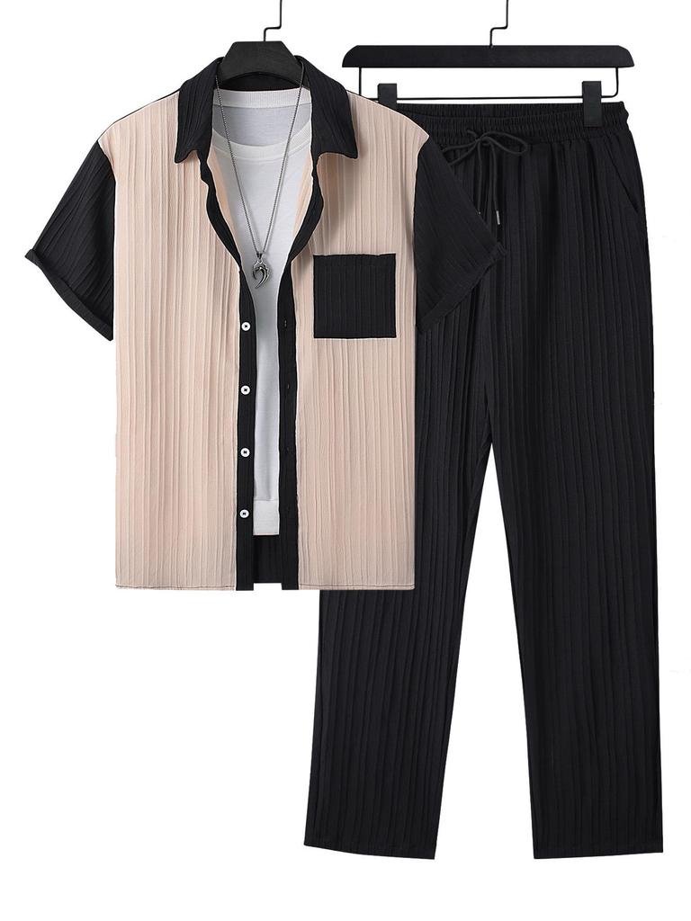 Men's 2024 Spring/Summer Color Block Waffle Corduroy Two-Piece Set