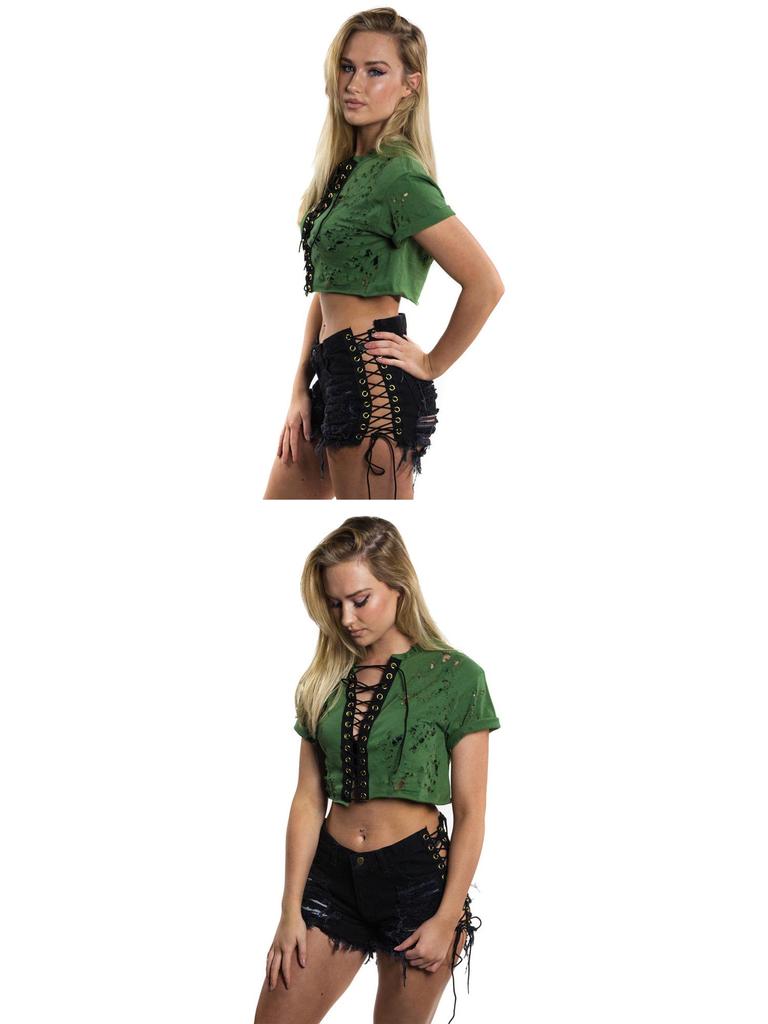 Spring/Summer Elastic Ripped Eyelet Bandage Denim Hot Pants Shorts for Women