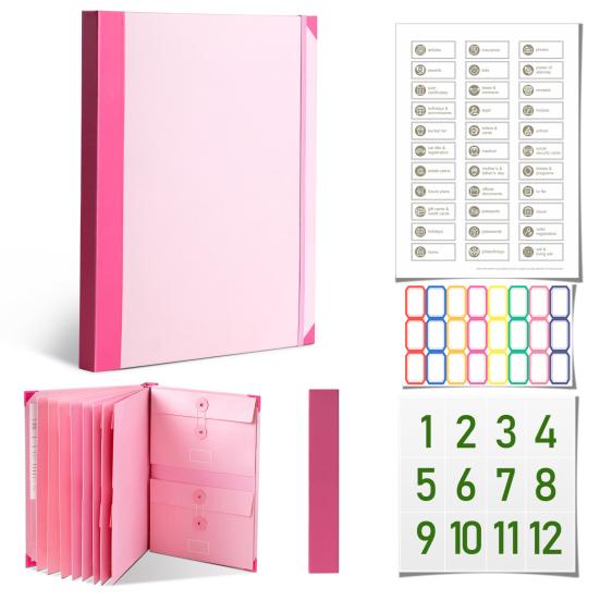 

Document Bag File Organizer with Labels Elastic Closure A4 Legal Documents Photos Letters Storage Folder рожевий