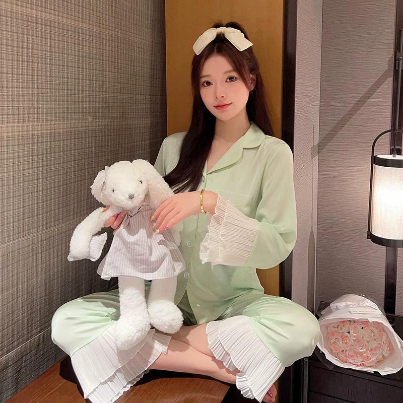 Light Luxury Pajamas Women S Spring And Summer Long-Sleeved High-End Cardigan Lace Splicing Ice Silk Loungewear M