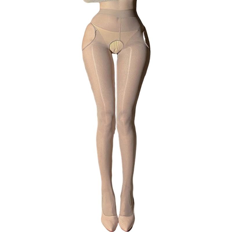 Sheer Silk Stockings Garter Belt Suspender Pantyhose for Women See Through Open Crotch Cutout Tights Leggings Lingerie