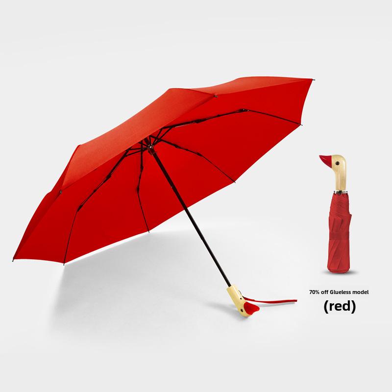 Creative Duck Head Umbrella: Stylish Black with Wooden Handle, Sun Protection, Dual-Purpose for Rain or Shine.