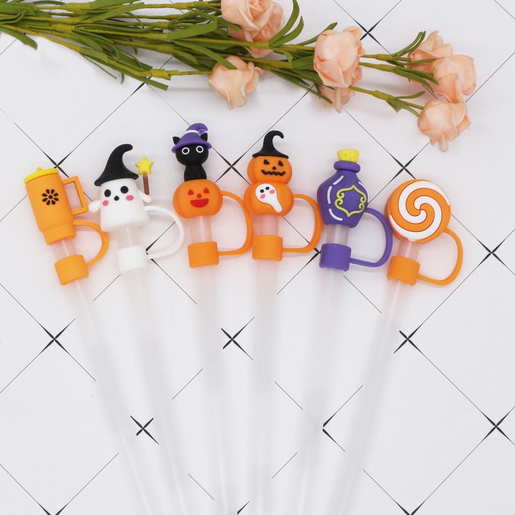 10Mm 0.4In Halloween Straw Cover Cap Silicone Straw Topper For Cup Kawaii 3D Reusable Straw Halloween Party Gift Decor