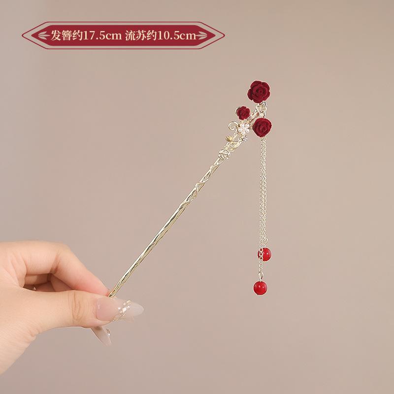 Vintage Chinese Style Rose Hairpin For Women Red Flower Element Tassel Hair Stick Elegant Exquisite Handmade Hair Accessories