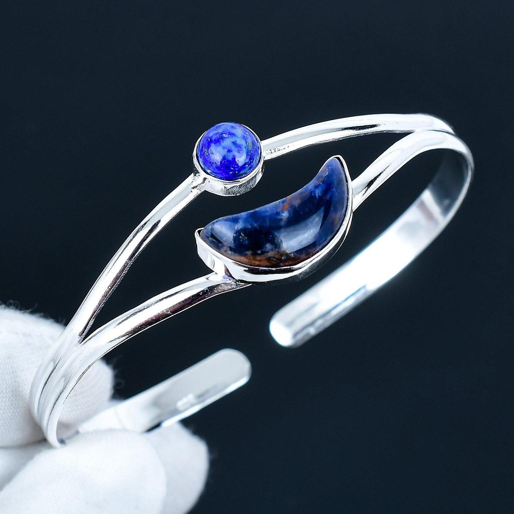 Natural Lapis Lazuli Gemstone Handmade Cuff Bangle 925 Sterling Silver Cuff Bangle, Sodalite Bracelet For Wife , Unisex Bangle, Party Wear Gift