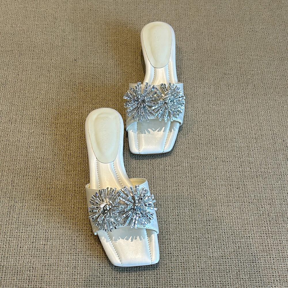 2026 Summer Rhinestone Flowers Brand Shoes Women Low Heel Sandals Elegant Ladies Party Shoes Sandals Heels 3.5cm
