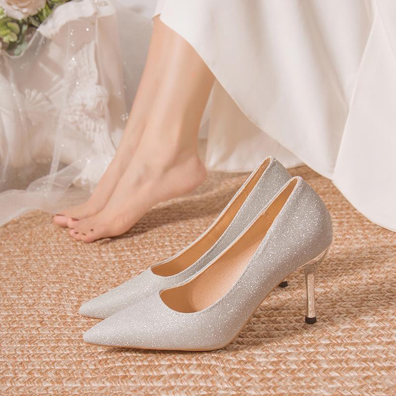 Banquet Dress Wedding Shoes Bridal Shoes Rhinestone High Heels Muse Pointed Thin Heel Single Shoes Crystal