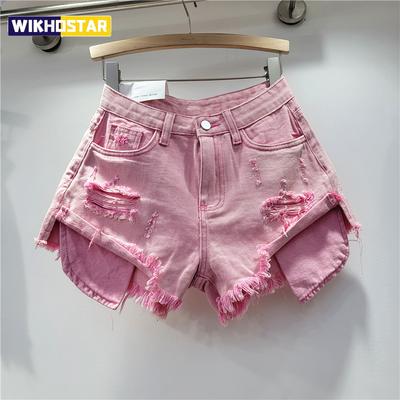 2026 Sommer Neu Damen Rosa Loch Denim Shorts Hohe Taille Schlankmachend Spicy Girl A-Linie Ausgefranste Kante Shorts
