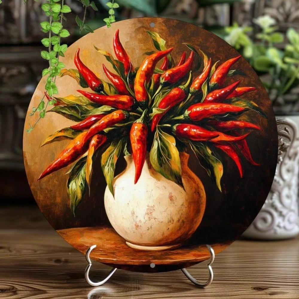 2D Round Aluminum Tin Sign 8x8 Inch Chili Pepper Vintage Wall Decor Rustproof Bar Kitchen