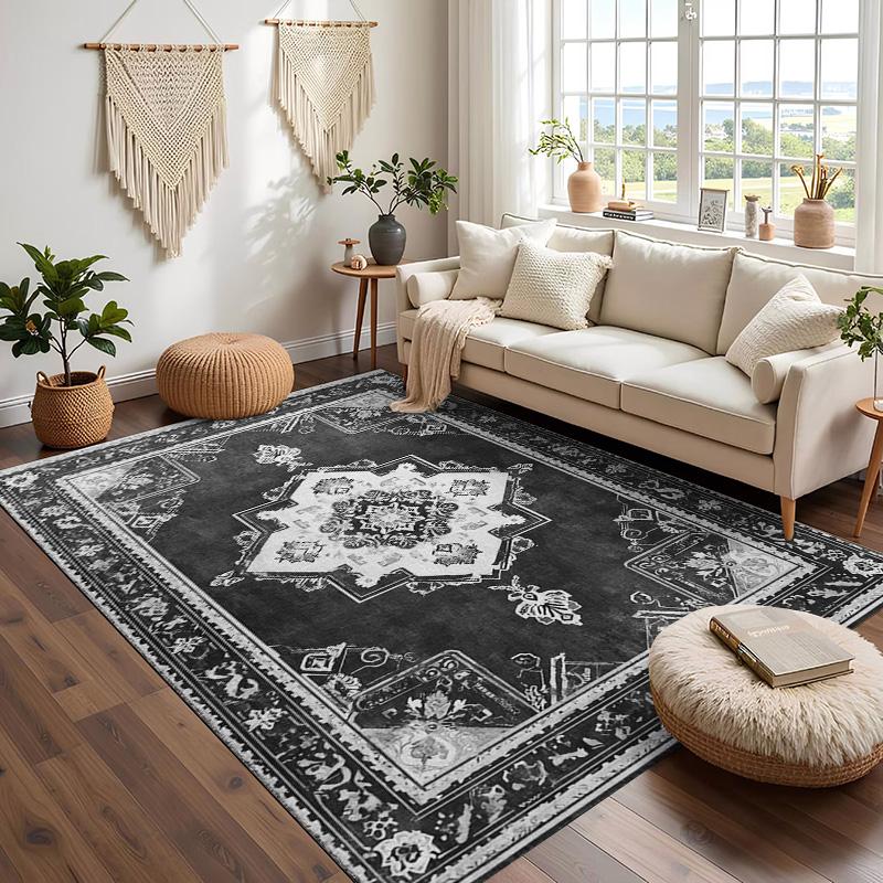 RAKKS Black Grey Mandala Velvet Large Area Rugs,Stain Resistant Anti Slip Backing for Living Room,Bedroom,Vintage Home Decor