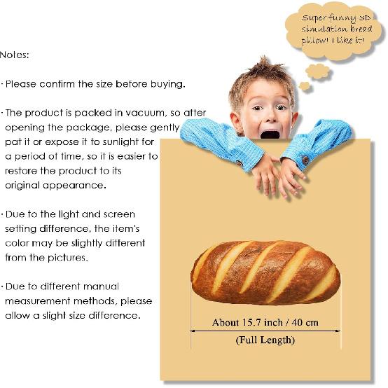 zhidiloveyou Bread Pillow Funny Stuffed Bread Shaped Pillow Toy Gift for Kids Adults, 15.7 in