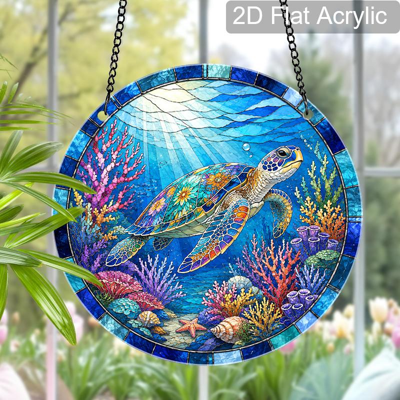2D Flat Acrylic Blue Sea Turtle Suncatcher Decorative Hanging Ornament, 7.87/11.81inches Summer Underwater World Coral Turtle Design Window Hanging