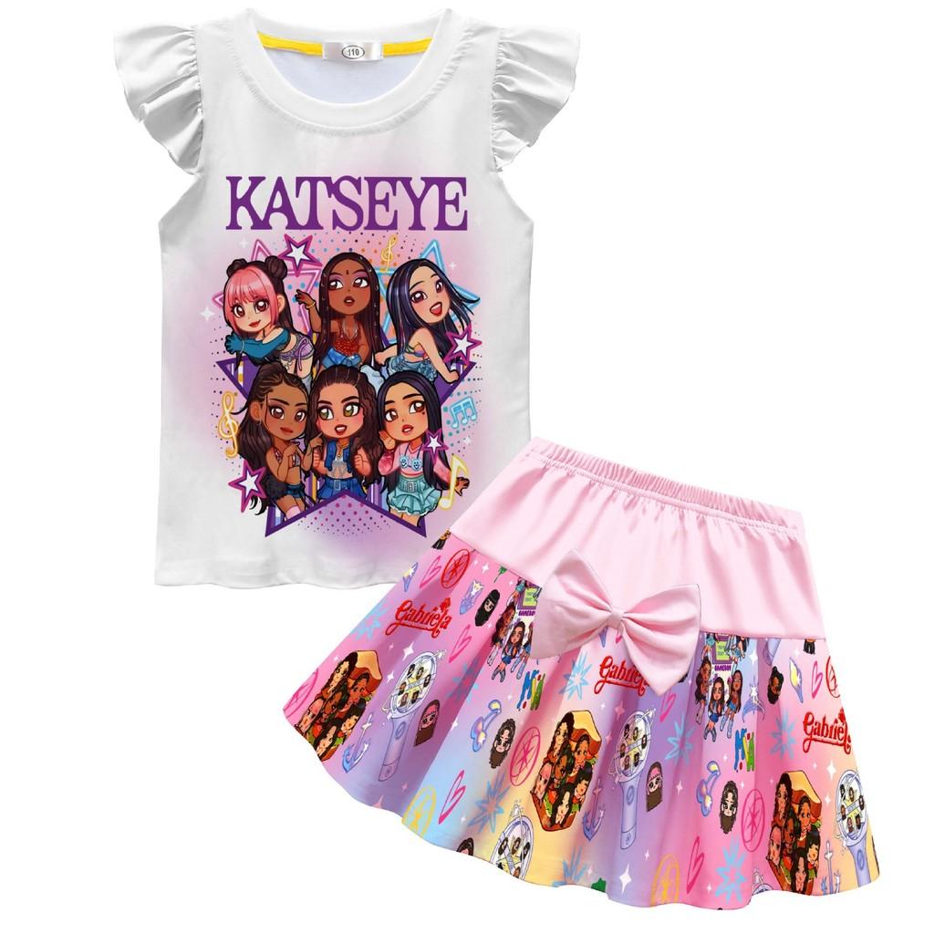 

Kids Girls KATSEYE Printed Ruffle T-Shirt Pleat Skirt Clothes Sets 110cm рожевий