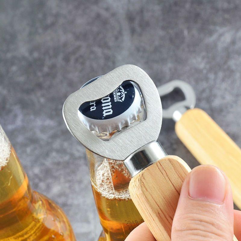 Beer Bottle Opener Bartender Kitchen  Wooden Bottle Opener Stainless Steel Wood Handheld Beer Opener KPQ007