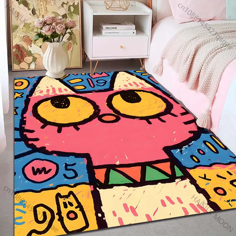 Multiple Sizes Pink Cat Cartoon Graffiti Style Carpet for Living Room Bedroom Sofa Home Decor Rus Non-slip Floor Mat Luxury Gift