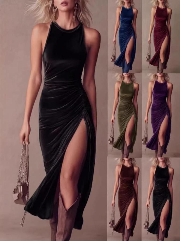 2026 Women's Solid Color Velvet High Slit Bodycon Dress - European and American Summer Fashion
