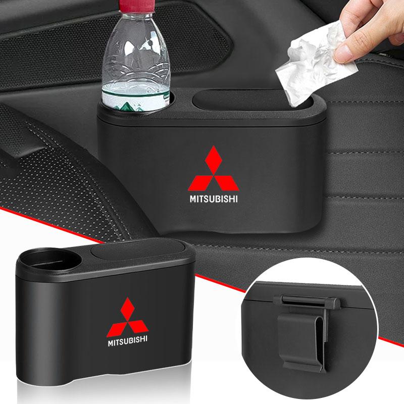 jbvr8 Portable Hanging Mini Car Trash Can Wastebasket Trash Can with Lid Emblem For Mitsubishi lancer asx outlander pajero l200 galant