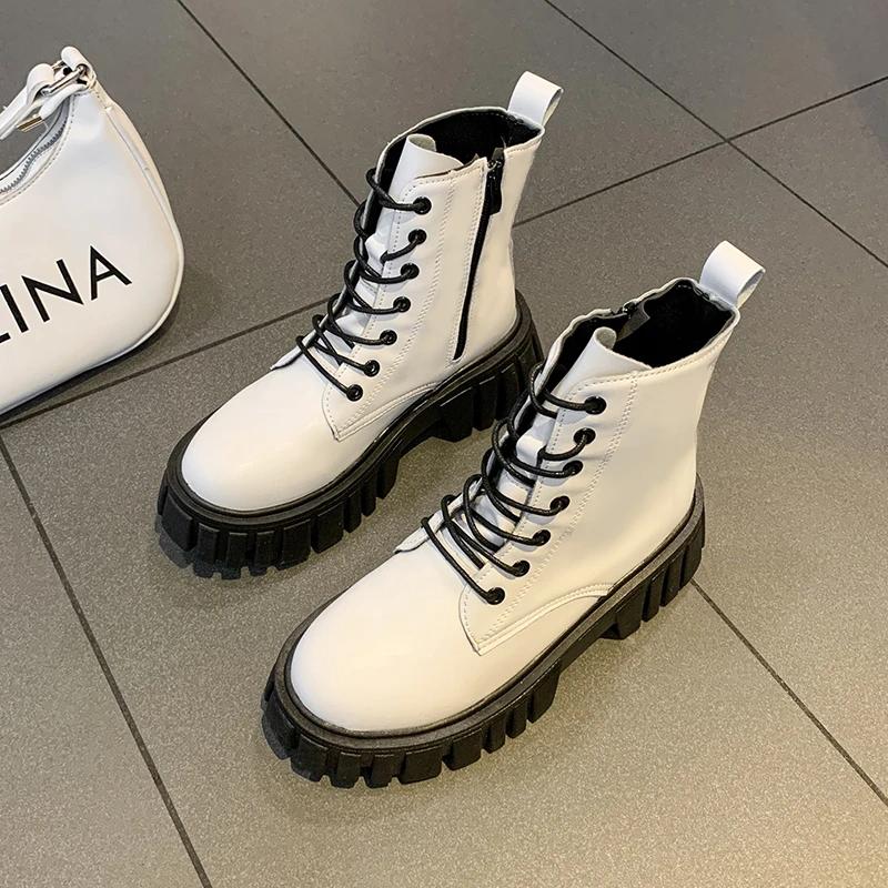 Weiße klobige Plattform-Kampfstiefel Frauen mit Reißverschluss hinten Pu-Leder Stiefeletten Frau Punk Dicker Boden Motorrad Botas Mujer