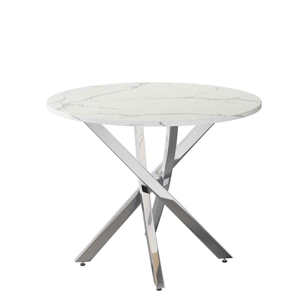 Runder Esstisch, 80 x 80 x 75 cm, Tischplatte in Marmoroptik, Beine in verzinktem Silber, moderner minimalistischer Stil, Weiß + Silber
