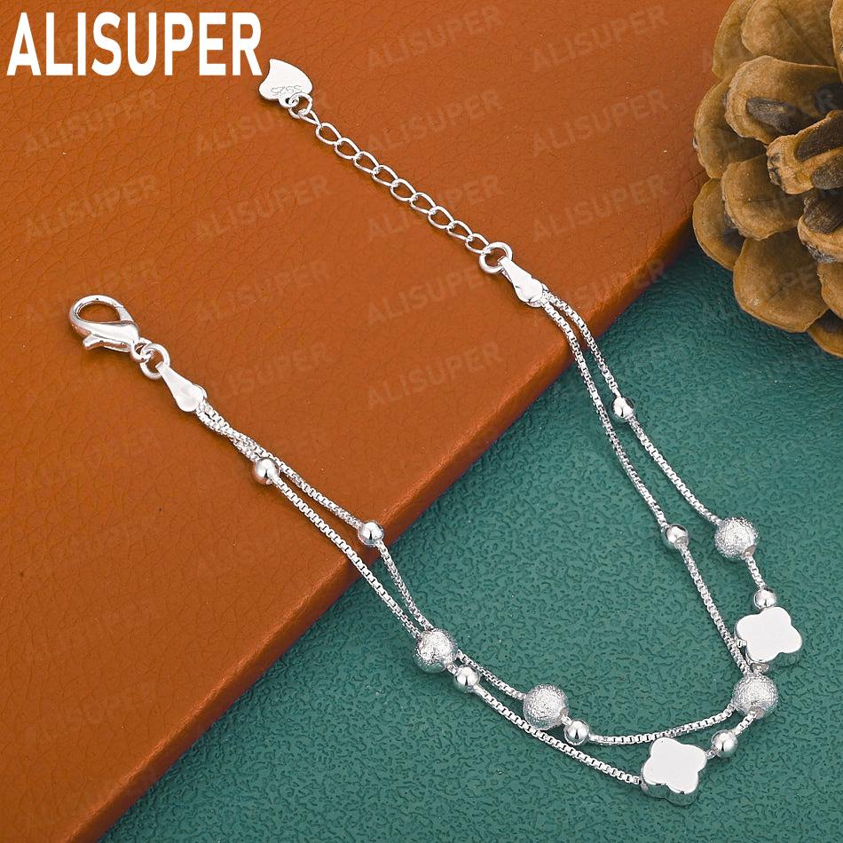 925 Sterling Silver Niche Double-Layer Four-Leaf Clover Bead Bracelet - Fashion Gift Jewelry