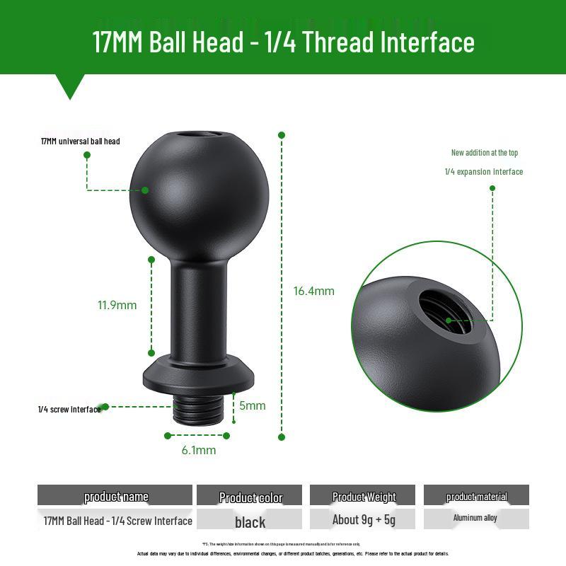Aluminum Alloy 17mm Ball Head to 1/4  Screw Adapter for Universal Mobile Holder Extension 17mm Ball Head + 1/4 Screw Base