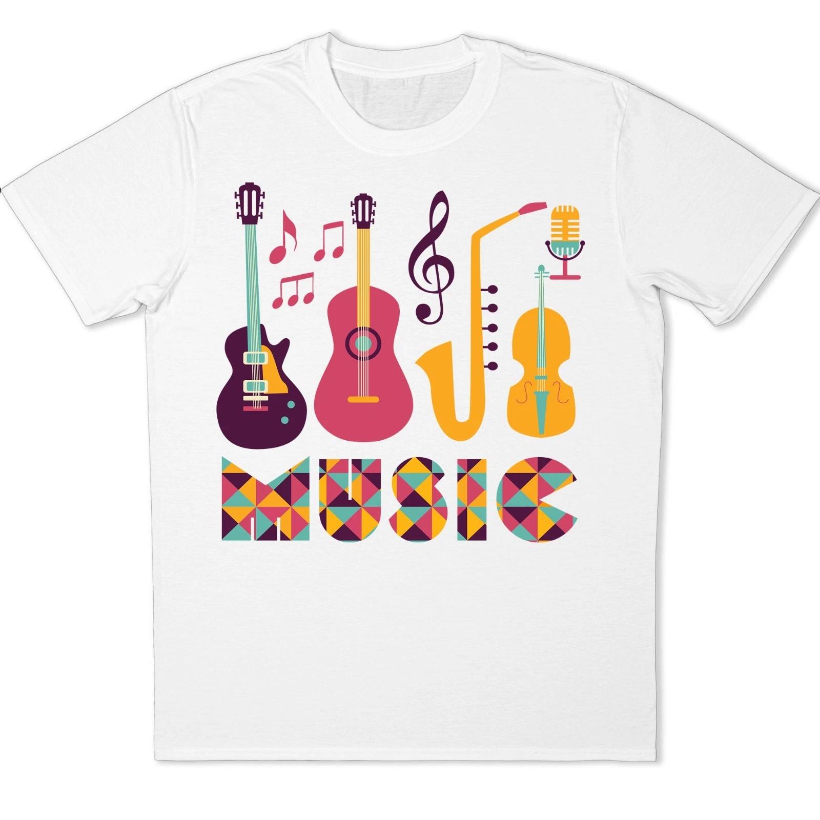 Music Instruments Graphic T-Shirt Guitar Sax Violin Notes Modern Art Music Lover M