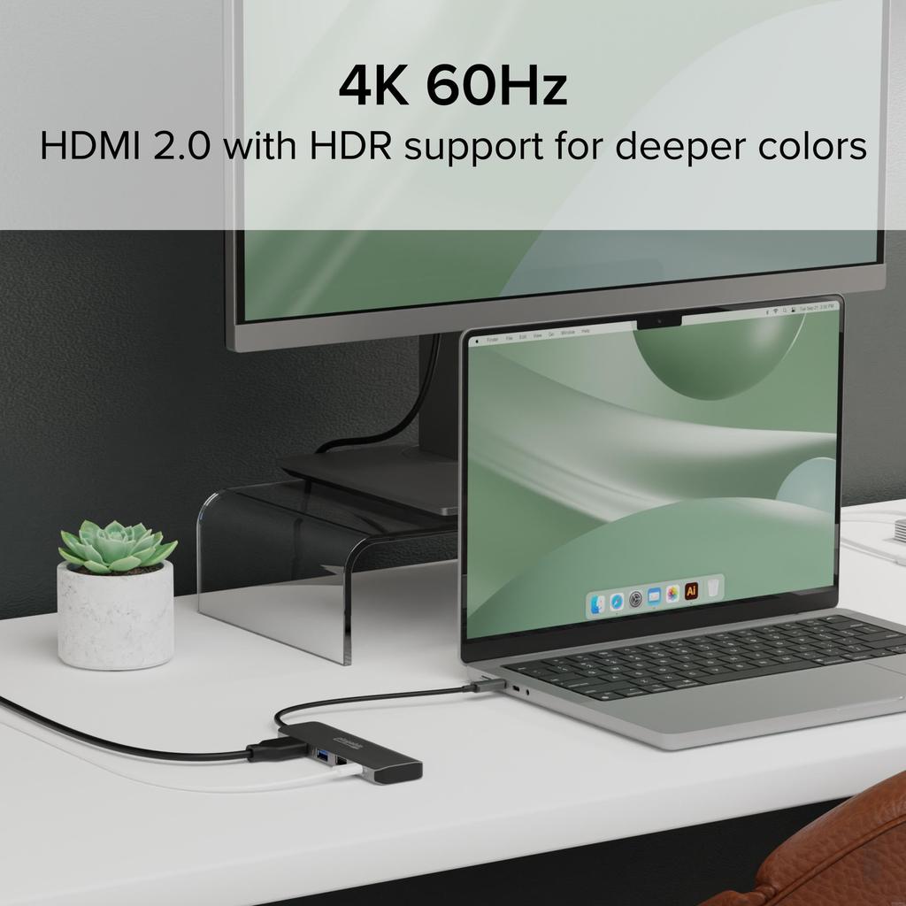 Plugable Hub with 100W 4K 60Hz HDMI Thunderbolt Compatible USB-C 4-in-1 Multi-Port Pass-Through Charging, Port, Windows, Mac, Chromebook,