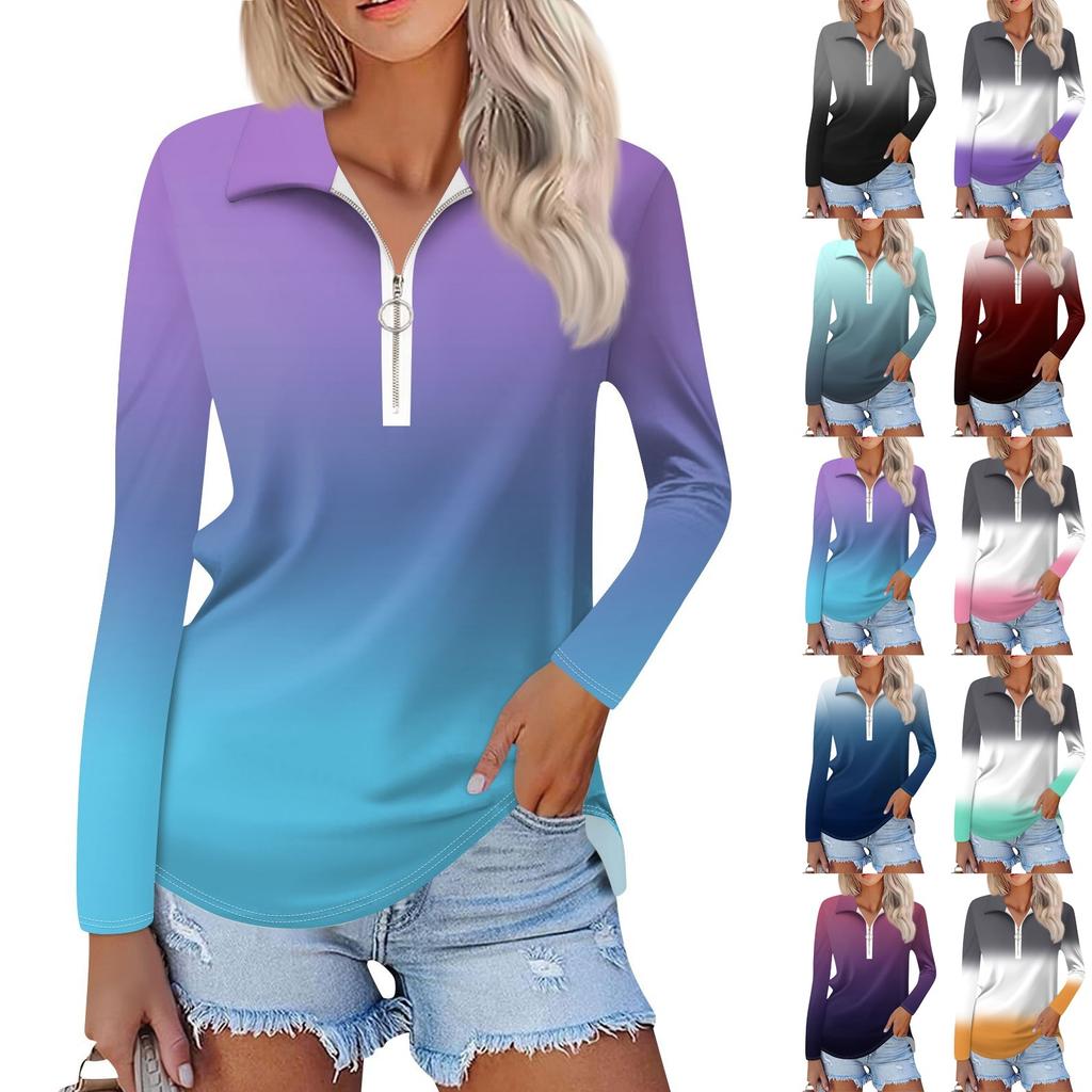 Damen Frühling und Mode Casual Printed Zipper V-Ausschnitt Langarm Shirt Tops