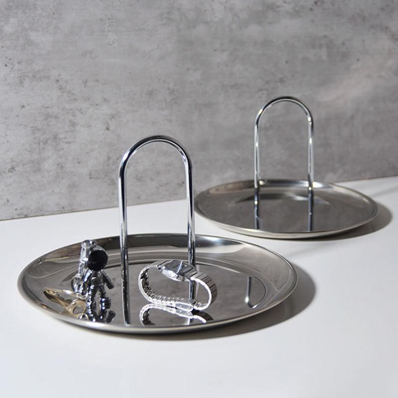 Snack Storage Plate Multifunctional With Handle Desktop Organizer Stainless Steel Home Decoration Finishing Tray Mini Ornaments