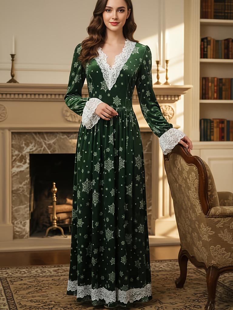 Autumn and winter retro court style velvet dress for women, lace splicing V-neck printed long dress, lantern sleeve waist