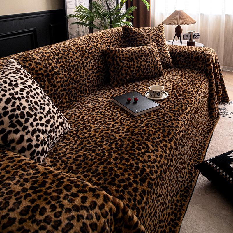 Winter thickened warm leopard print plush sofa seat cushion solid color sofa cover cloth sofa seat cushion living room