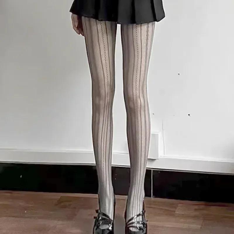 Womens Sexy Lace Fishnet Stockings Lolita Hollow Out Solid Pantyhose Jk Japanese Style High Waist Vintage Rhombus Striped Tights