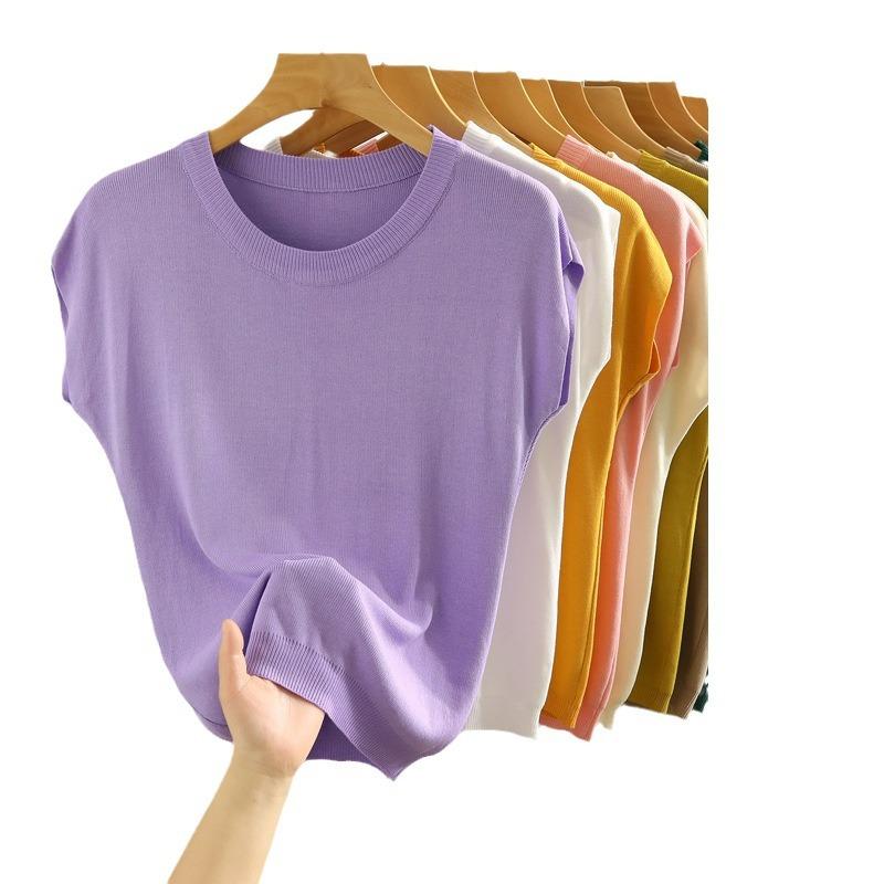 Ice Silk Knitted Sweater Women's Summer Slim Fit Round Neck Solid Color Versatile Off Shoulder Short Sleeved Top