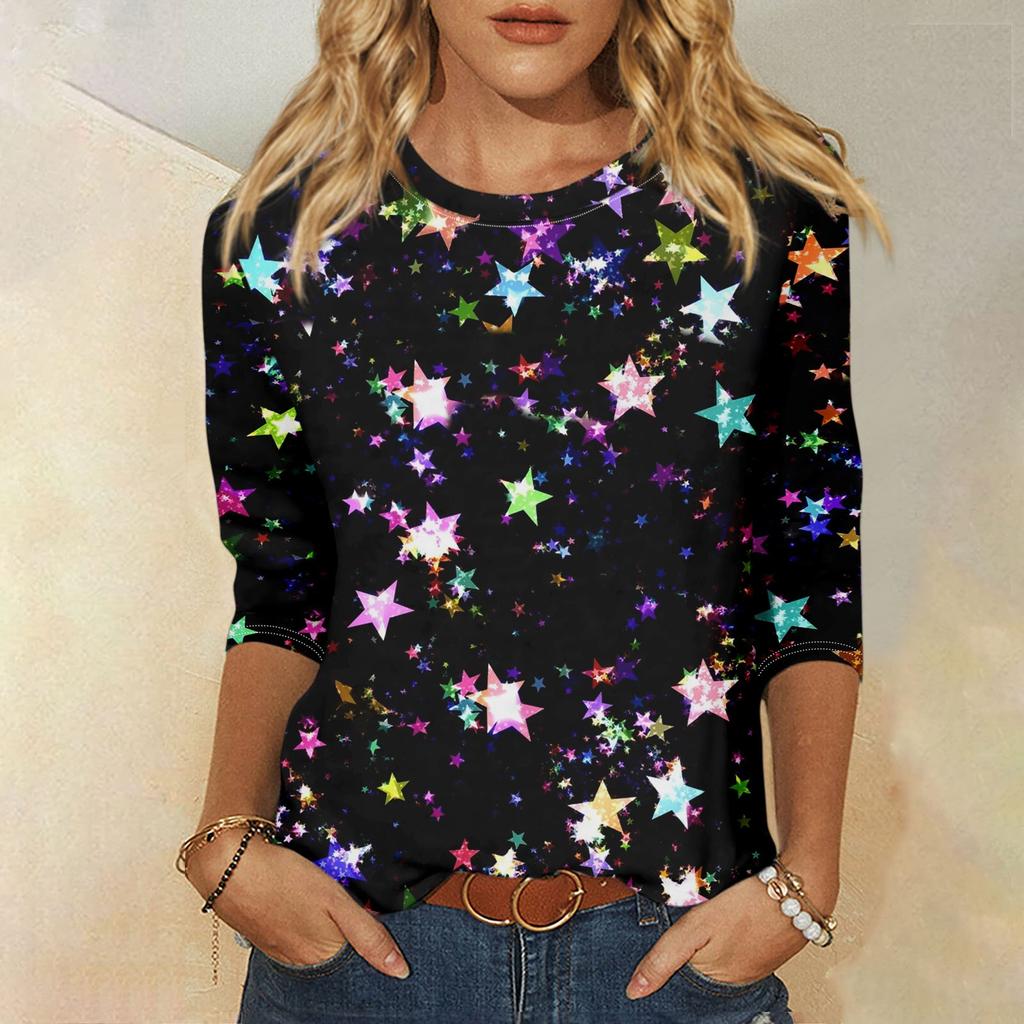 Damenmode, lässig, Rundhalsausschnitt, 3/4-Ärmel, lockeres bedrucktes T-Shirt, Damen-Top