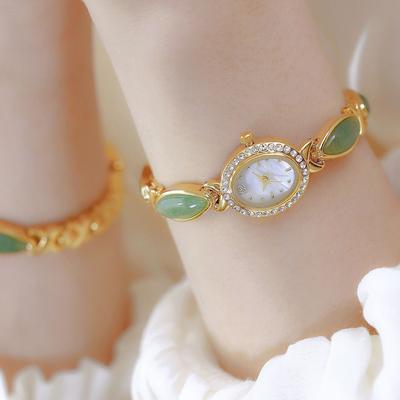 Ladies Watch for Women Jade Bracelet Watches Gold Oval Rhinestone Wristwatch