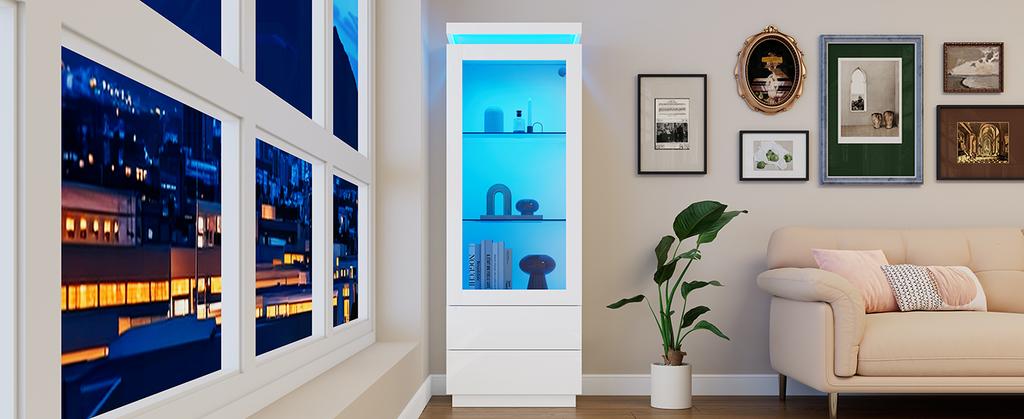 Vetrina 60*40*171cm, Armadio Alto con 2 Cassetti, Vetrina in Vetro ad Alta Lucentezza con LED, Soggiorno con Ante in Vetro e Ante a Ribalta, Bianco