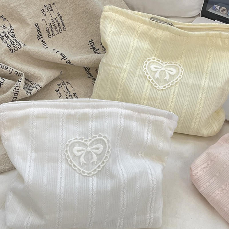 Beautiful INS Simplicity Cosmetic Bag Sweet Embroidery Bow Striped Makeup Case Portable Travel Earphone Cable Storage Bags
