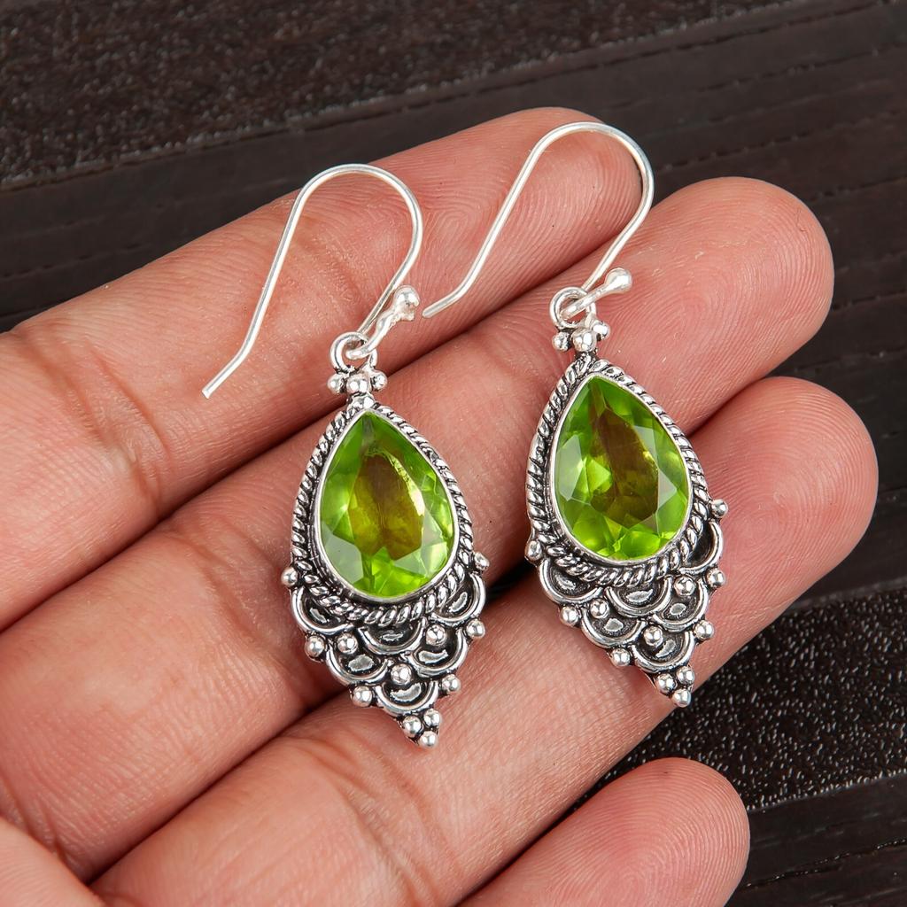Natural Peridot Gemstone 925 Sterling Silver Jewelry Handmade Drop Earrings 1.9" EE-85-4