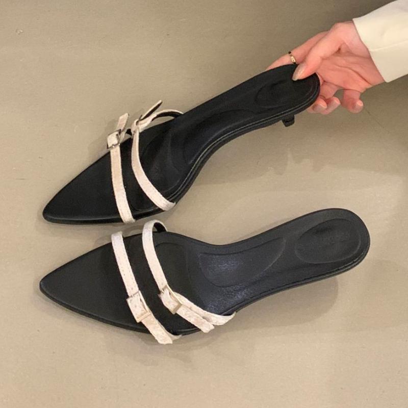 

Summer Belt Buckle Design Ladies Low Heel Sandals Sexy Pointed Toe Narrow Strap Slippers Fashion Pumps for Women Zapatos Mujer 35 белый